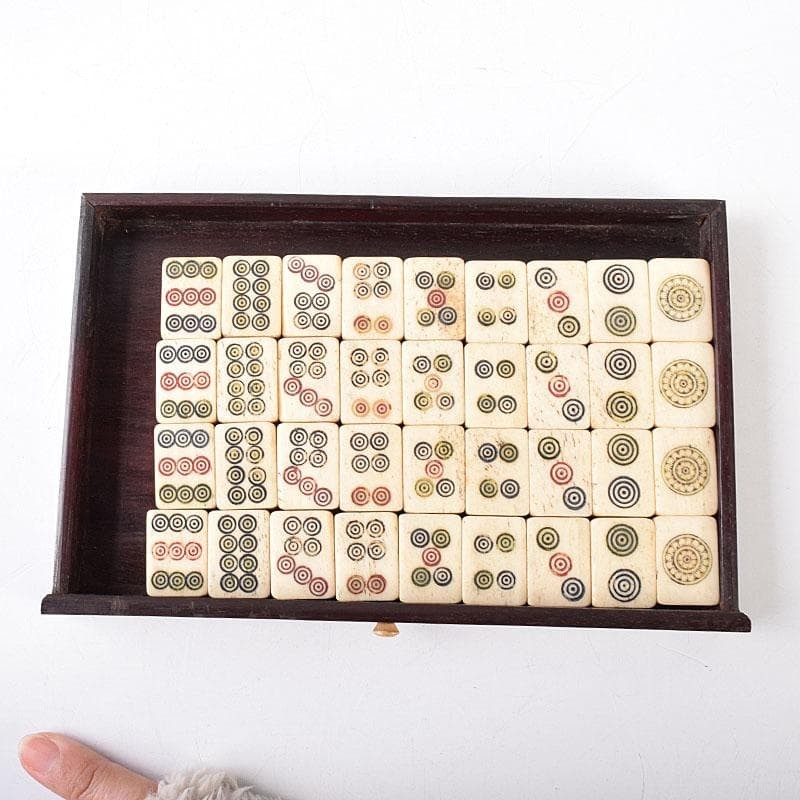 Vintage Chinese Mahjong Set Bone & Bamboo Tiles Wood Box Antique