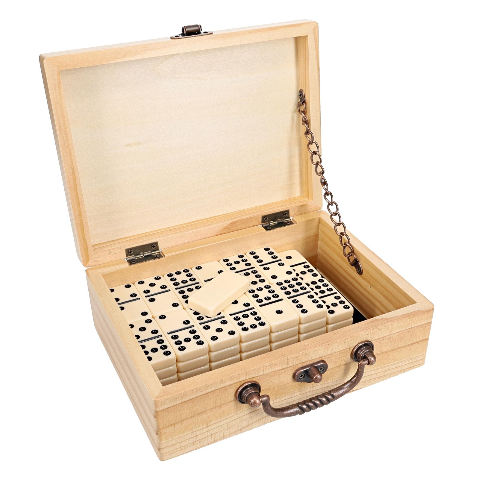 WE Games Double 9 Dominoes in Natural Wooden Treasure Box