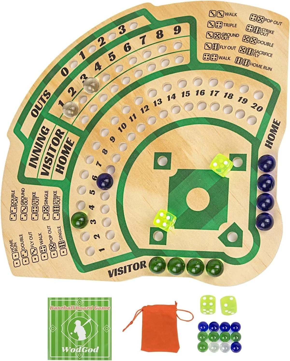 Baseball Board Game,Baseball Dice Board Game,Solid Wood,12 Colourful Beads and