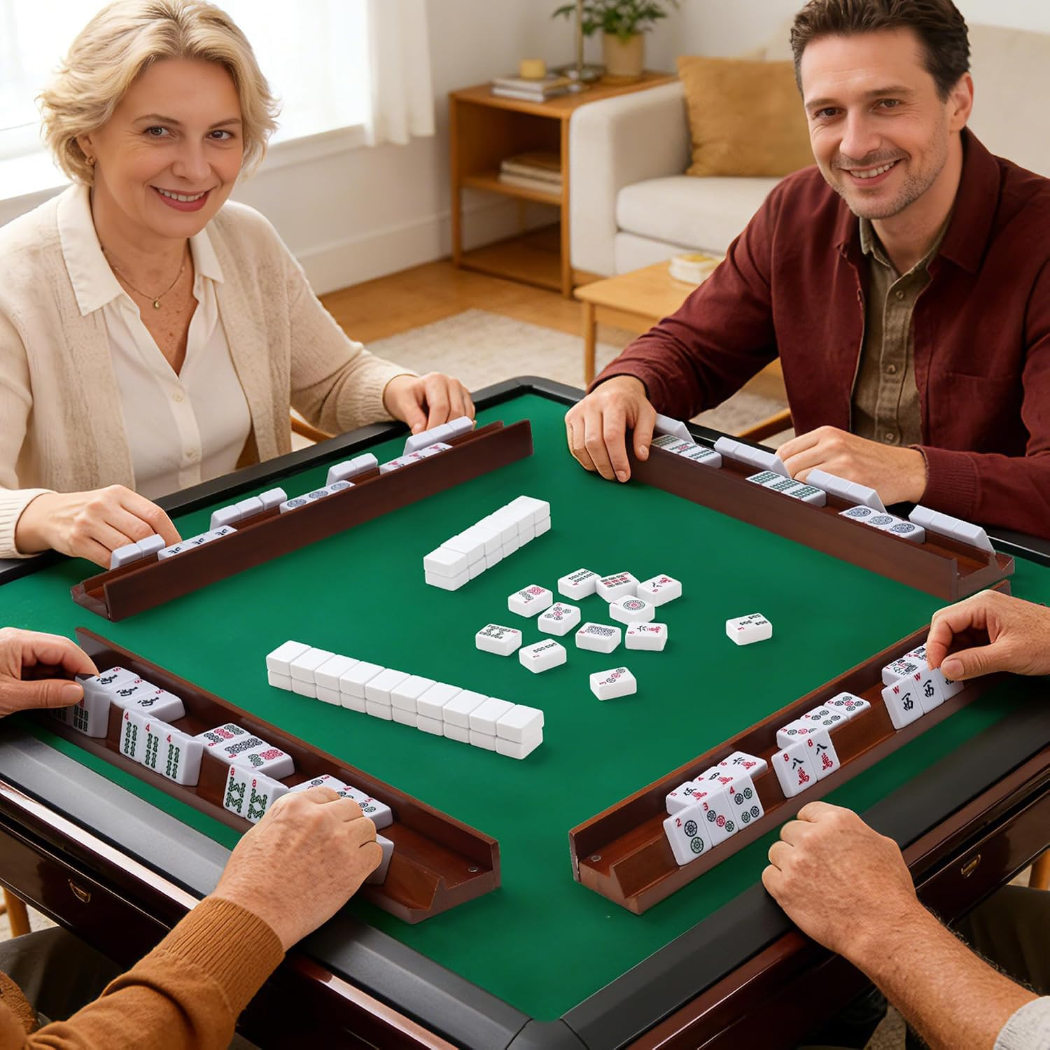 Wooden Mahjong Racks with Magnetic Pushers – Set of 4, Solid Wood | For American