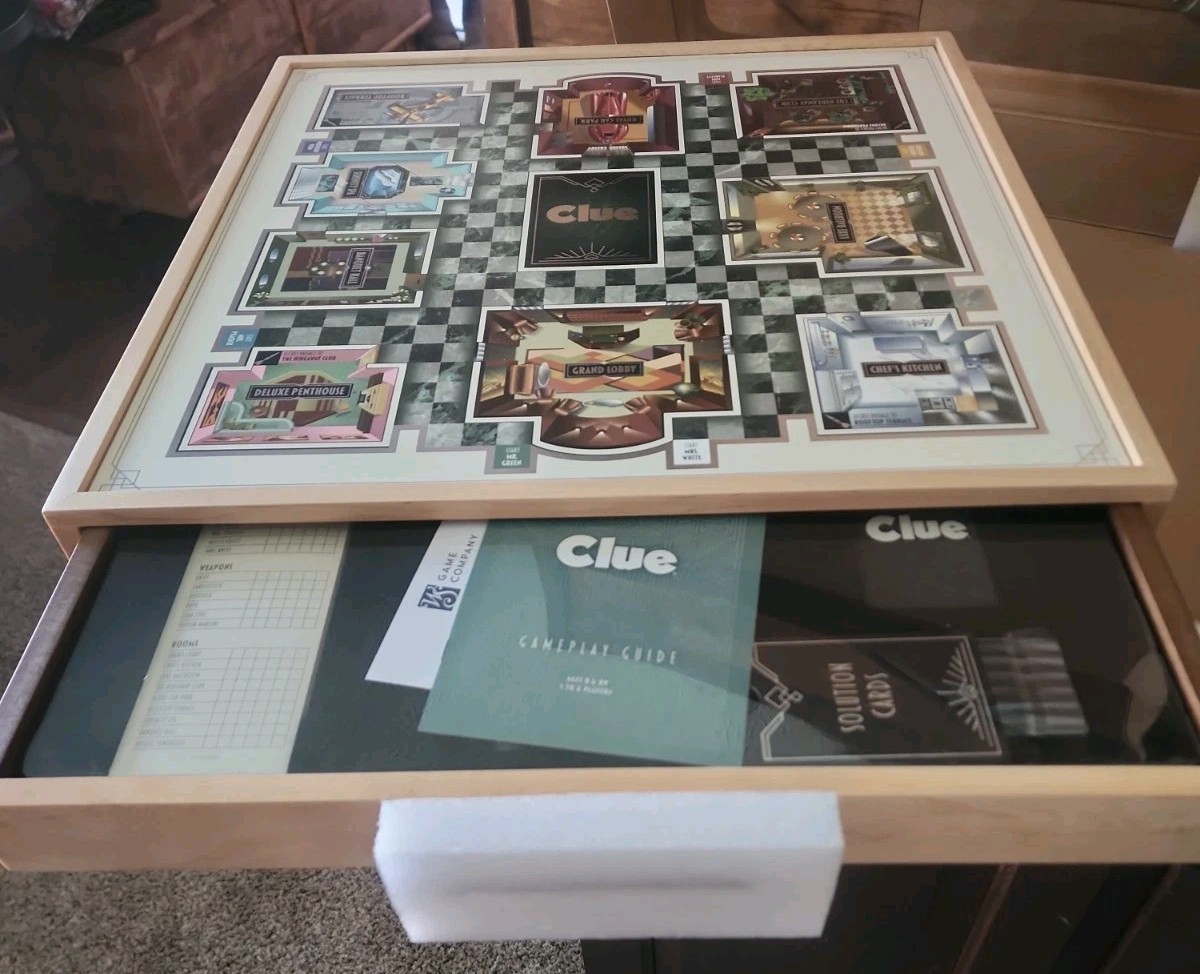 Large 20″ X 20″ Clue Board Game Luxe Edition Solid Maple Wood Cabinet – New