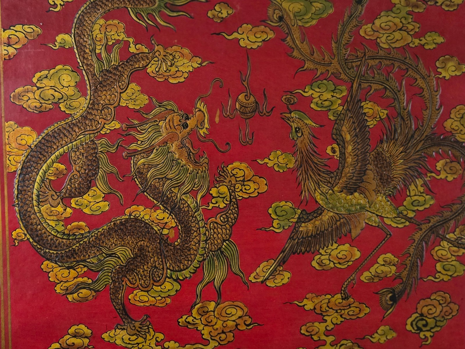 Vintage Red Chinese Game Set Wood Box Dragon & Phoenix Chess Backgammon Checkers