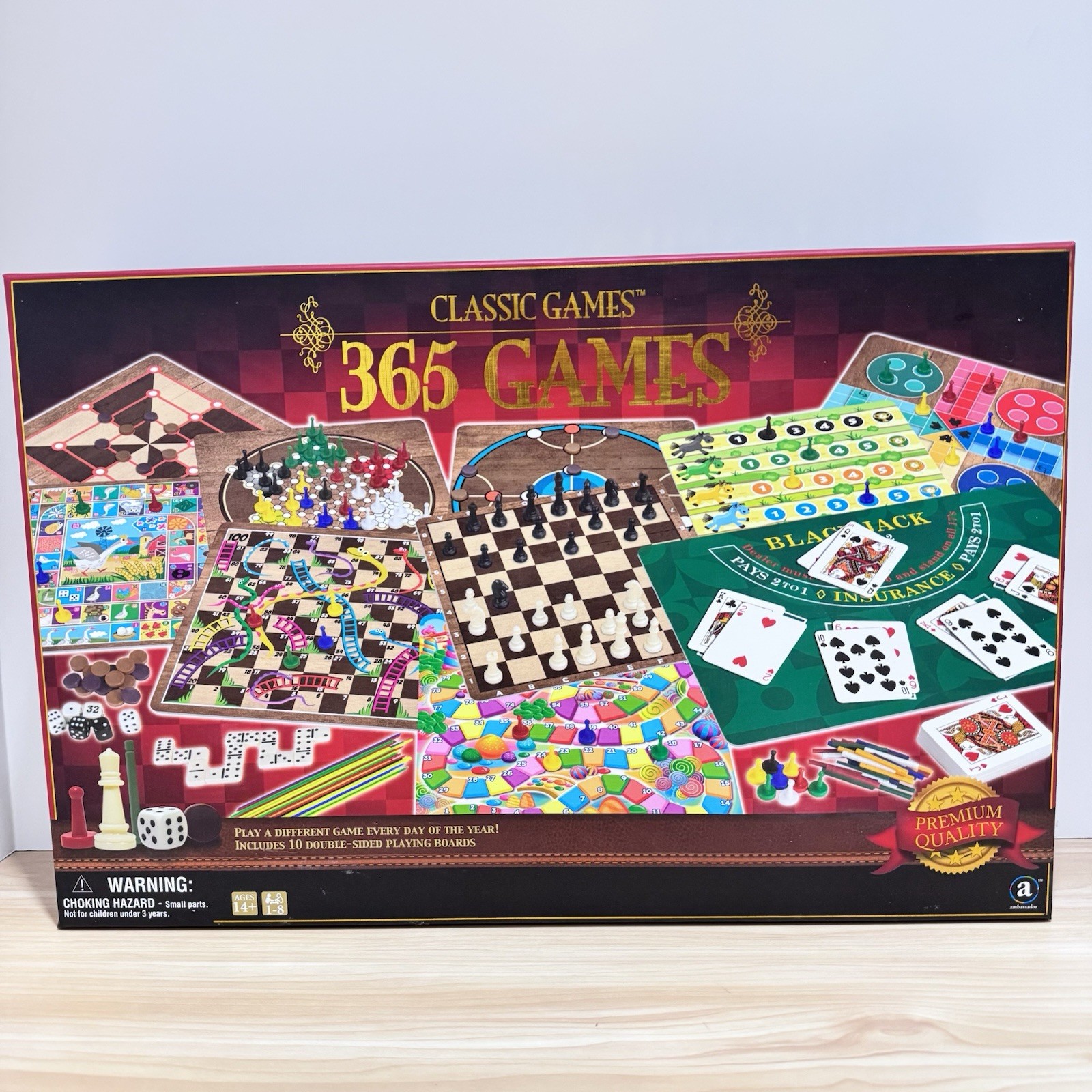 Classic Games 365 Game Set Board Games, Cards Dice, Double Sided Boards Open Box