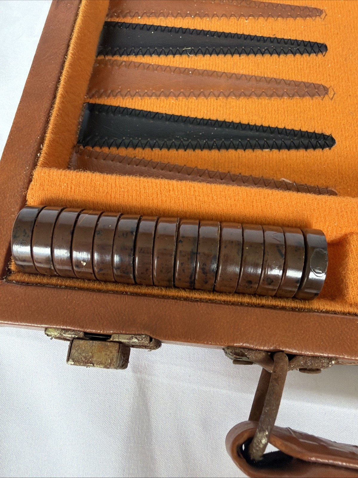 Vintage Backgammon Set Faux Leather Carrying Case Brown Striped Travel Board