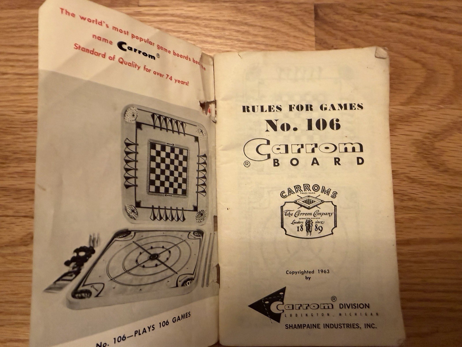 Vintage Carrom 2 Sided Game Board 28″ x 28″ With original 64 Page Rule Book 1963
