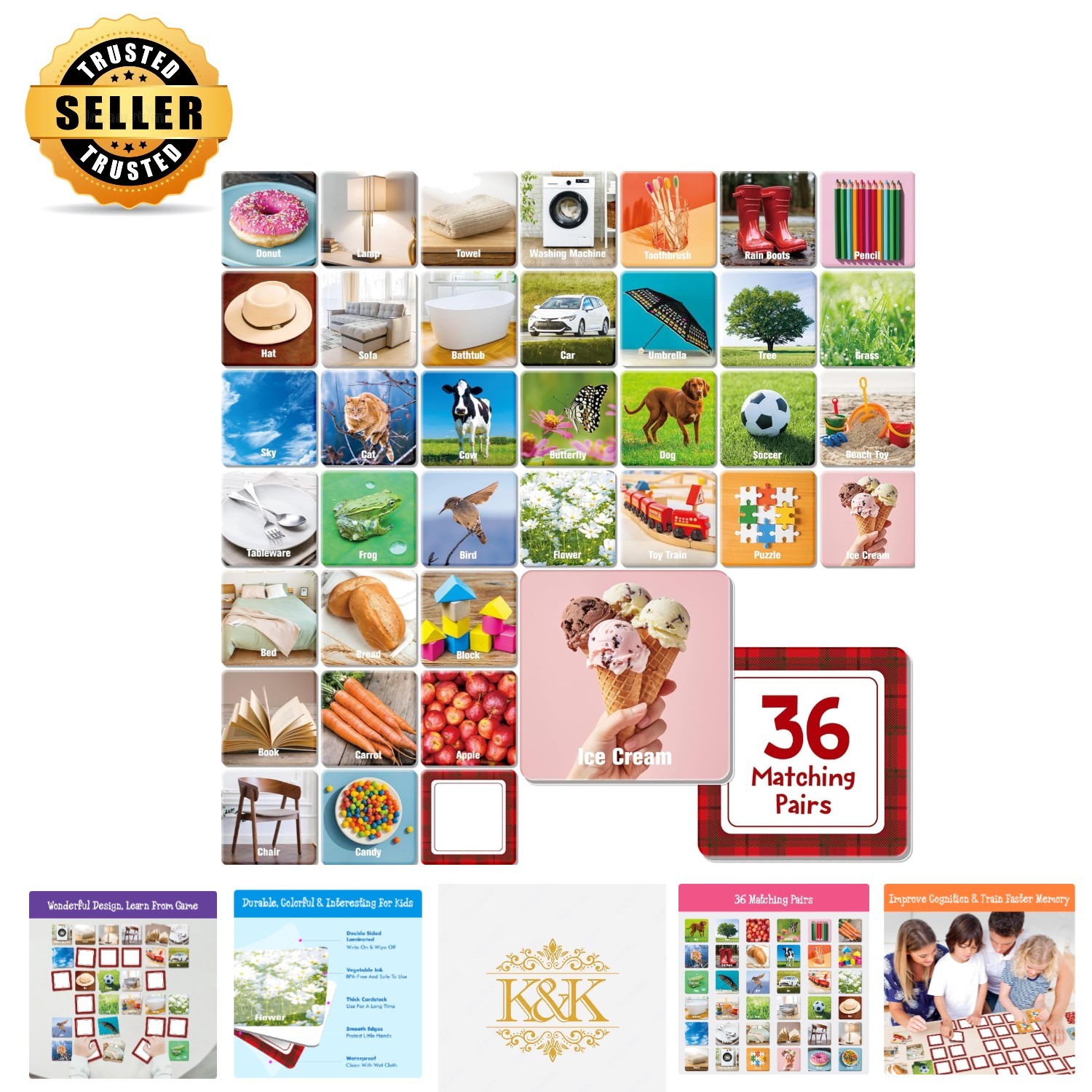 Daily Items Memory Card Game – 72 Thickened Cards for Cognitive Skills Growth