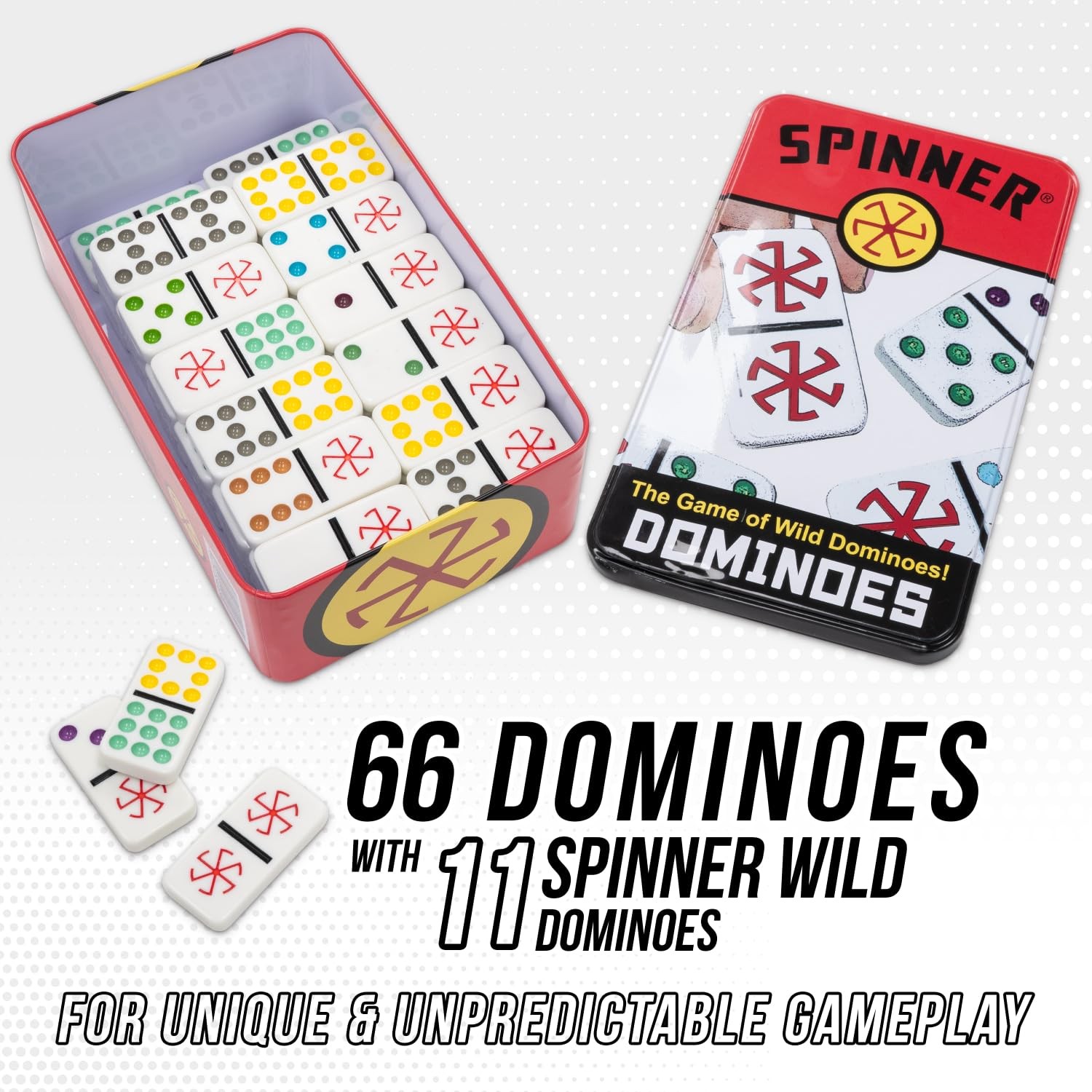 , Spinner Colored Dot Dominoes Set, On-The-Go Travel Storage Tin 2 to 8 Playe…