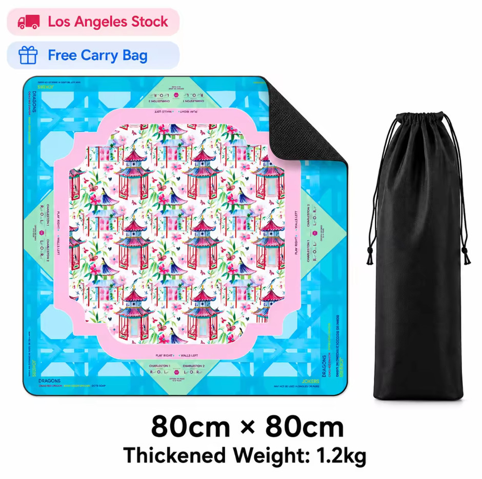 80x80cm Thickened Mahjong Table Mat Chinese Pavilion Blue Pink Rubber Carry Bag