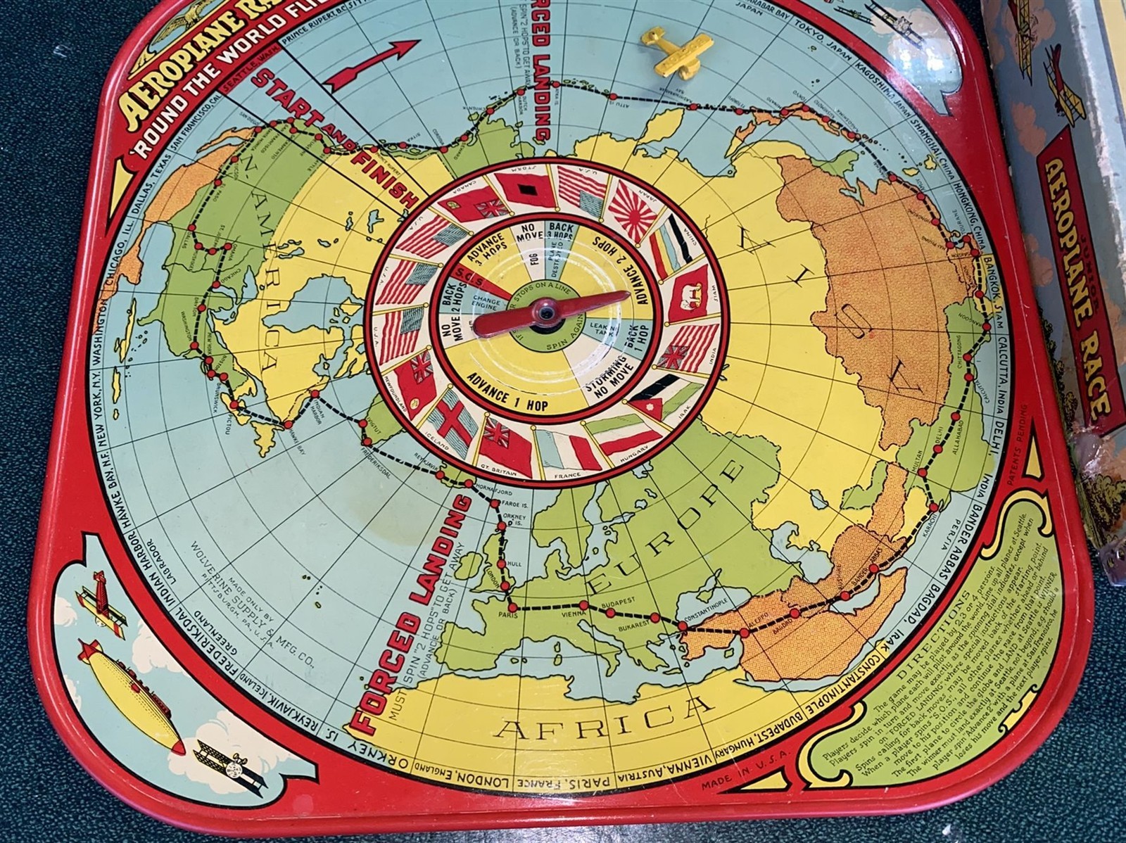 Antique Wolverine Round the World fliers metal lithographed board game in box!