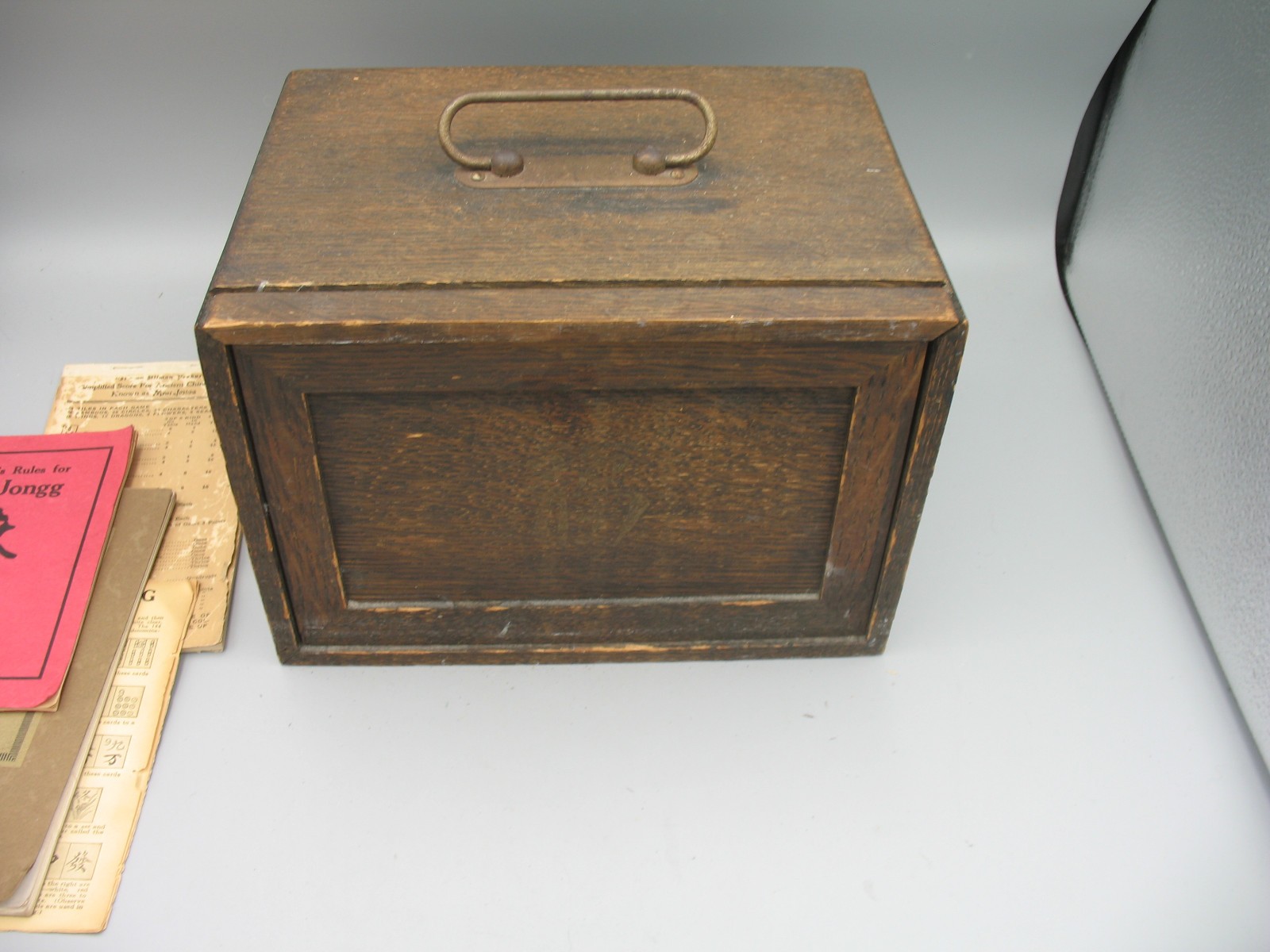 Antique Chinese Mahjong 4 Drawer Wood Box Set Bamboo Bone with Tile Holders