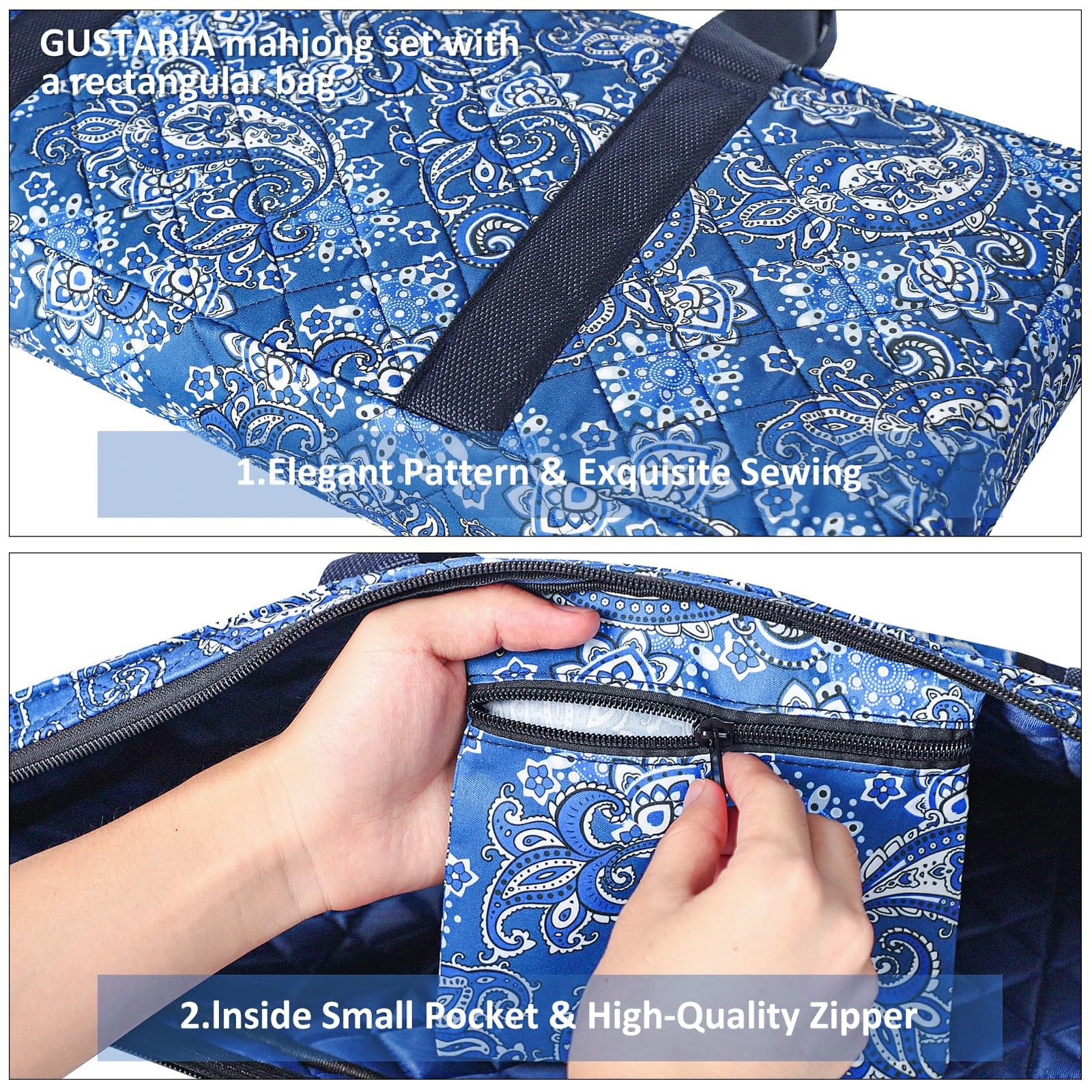Empty Mahjong Bag,Thickened Blue Printed American Mahjong Set, Tiles Bag and