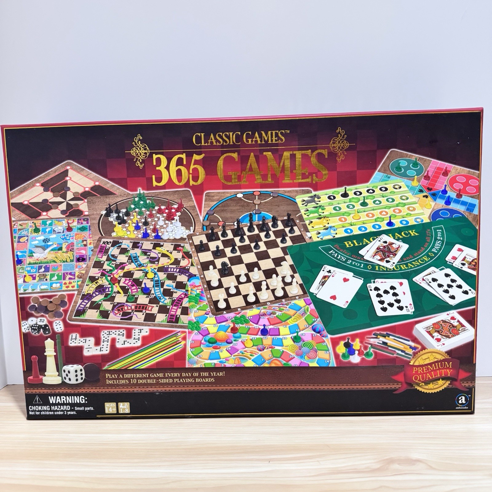 Classic Games 365 Game Set Board Games, Cards Dice, Double Sided Boards Open Box