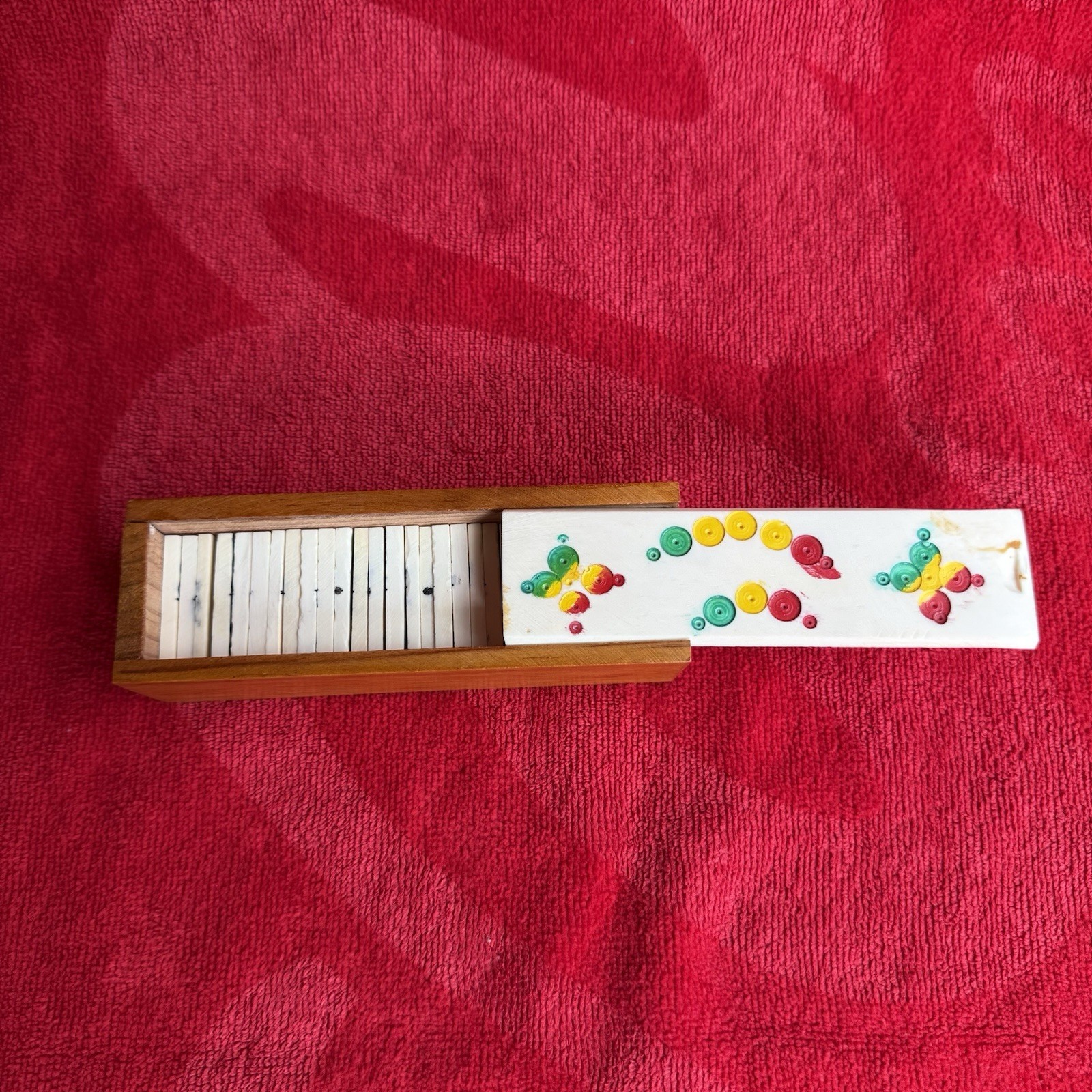 Vintage Miniature Domino Travel Tile Mini Game 28 Bone tiles in Handmade Box