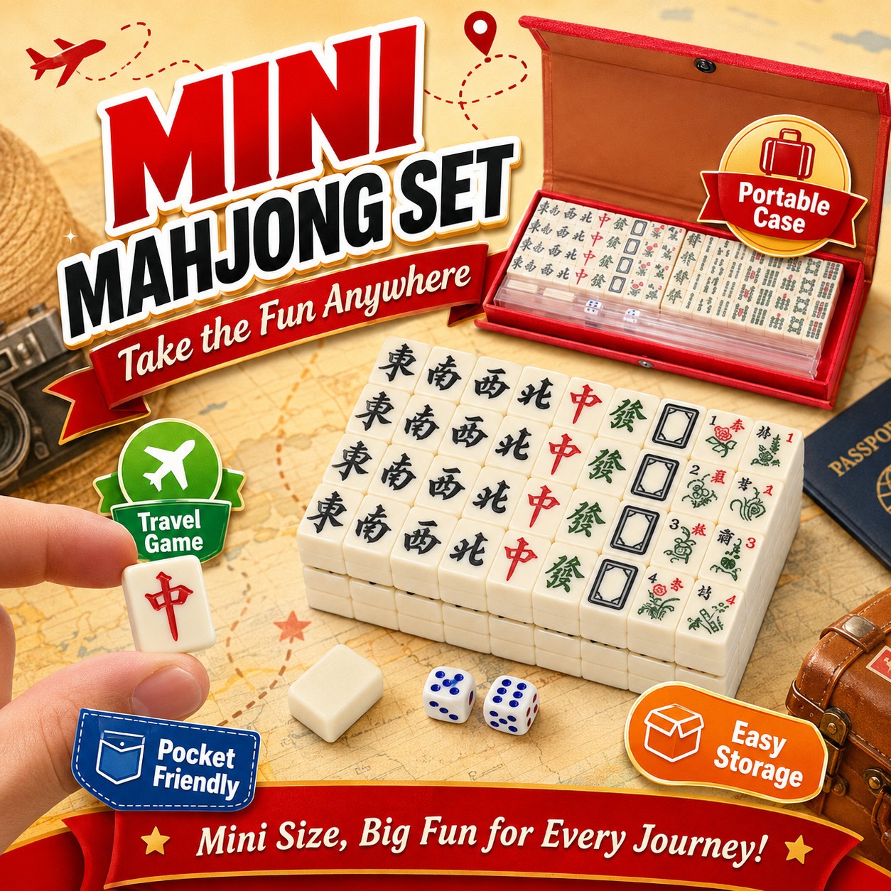 Mini Mahjong Game Set Travel Size Tiles with Storage Case Dice Kids Adults Party