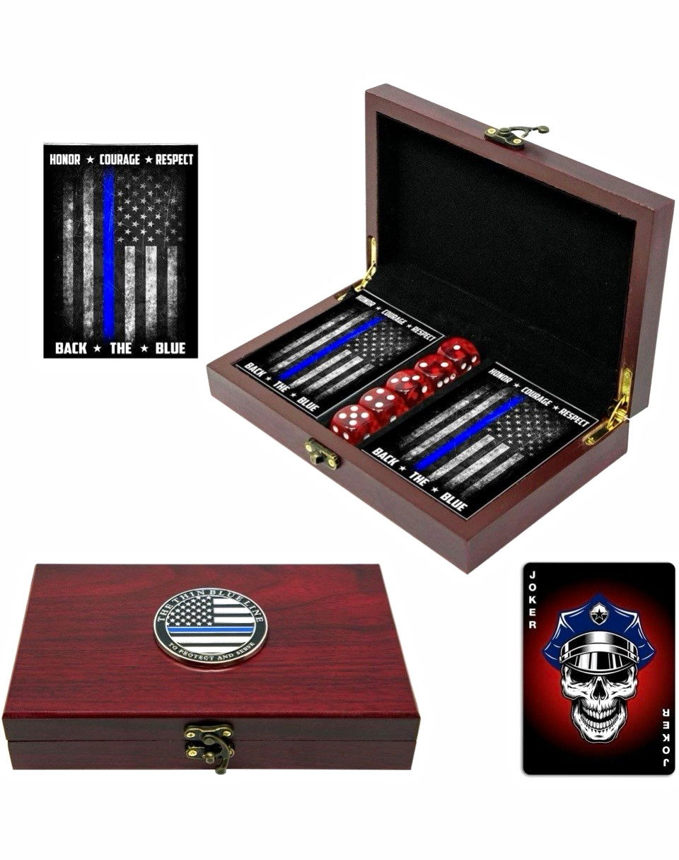 The Thin Blue Line Complete Card Game Set w/ Wooden Box, Cards and dice.
