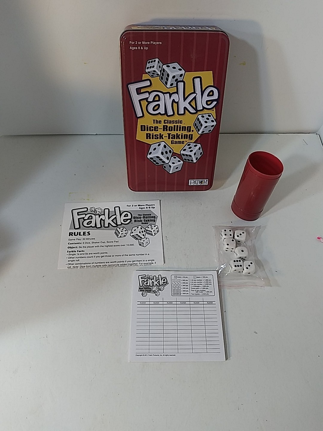 Farkle Dice Rolling Game in Metal Tin Patch Products 2011 Complete