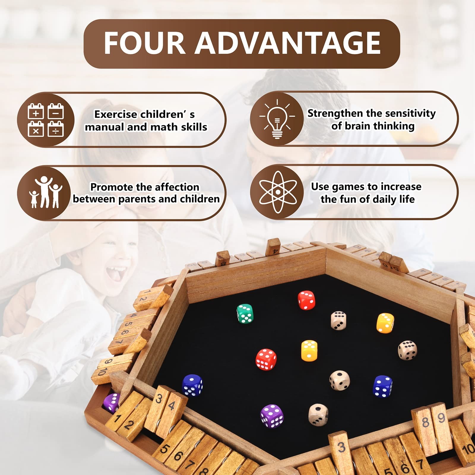 2-6 Players Shut The Box Dice Game, Wooden Board Table Math Game with 16 Dice