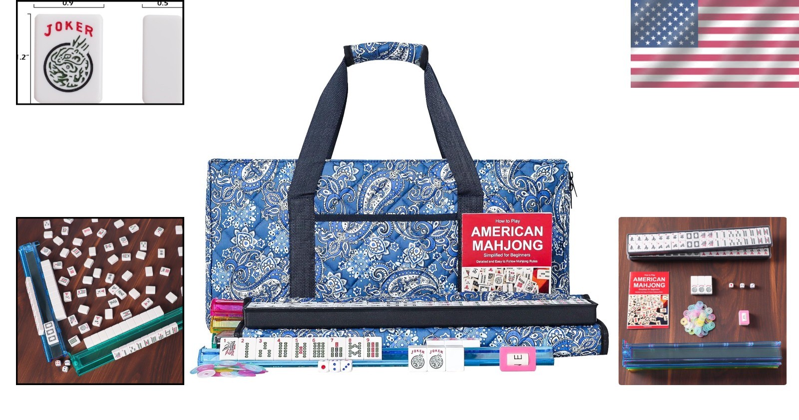 American Mahjong Set with 166 Tiles, Racks, Pusher, Bag, Accessories, and Manual