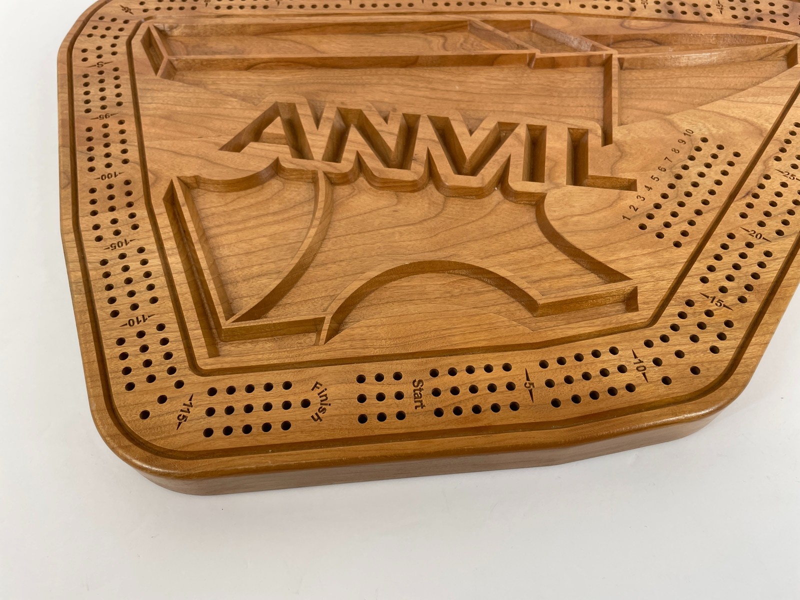 RS Brand Custom Wood Cribbage Board with Anvil Design & Peg Storage