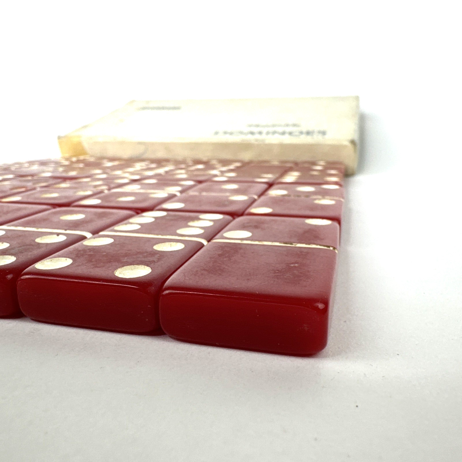 Vintage MCM PUREMCO #616 Standard Size Marblelike RED DOMINOES 2″ Tile GAME Box