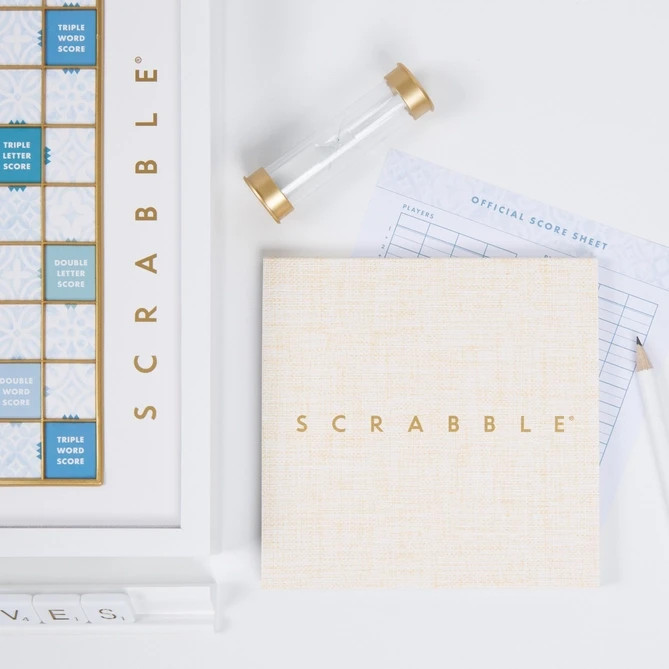 WS Game Company Scrabble Bianco Edition with Rotating Wooden Game Board New