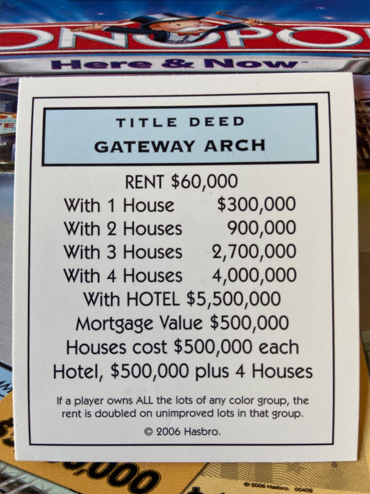2006 Monopoly Here & Now Gateway Arch Light Blue Title Deed Card Game Piece Part