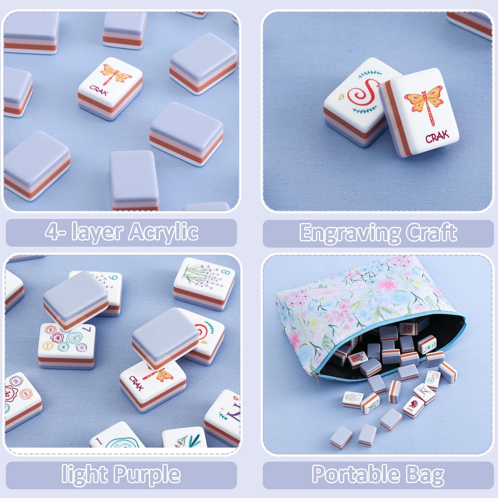 American Mahjong Tile Set,160 Light Purple Acrylic (4-Layer) Engraved Mahjong…