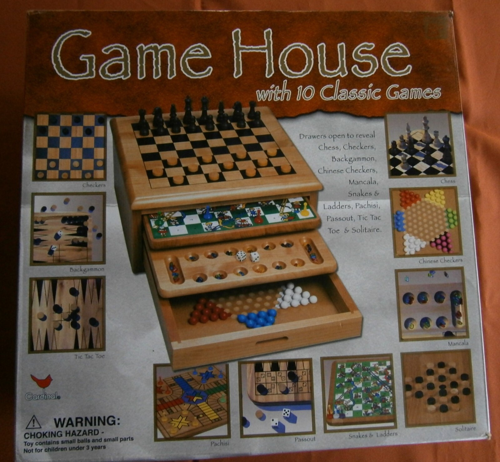 2002 Cardinal GAME HOUSE 10 Games WOOD Boards & Box Chess Checkers Pachisi Snake