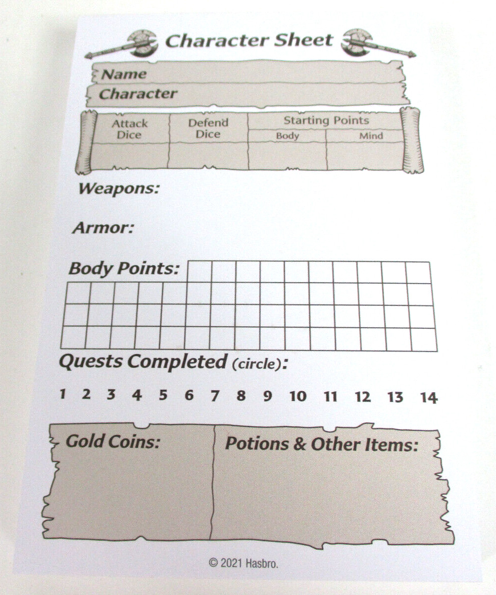 HEROQUEST Complete CHARACTER SHEET PAD Avalon Hill NEW!!