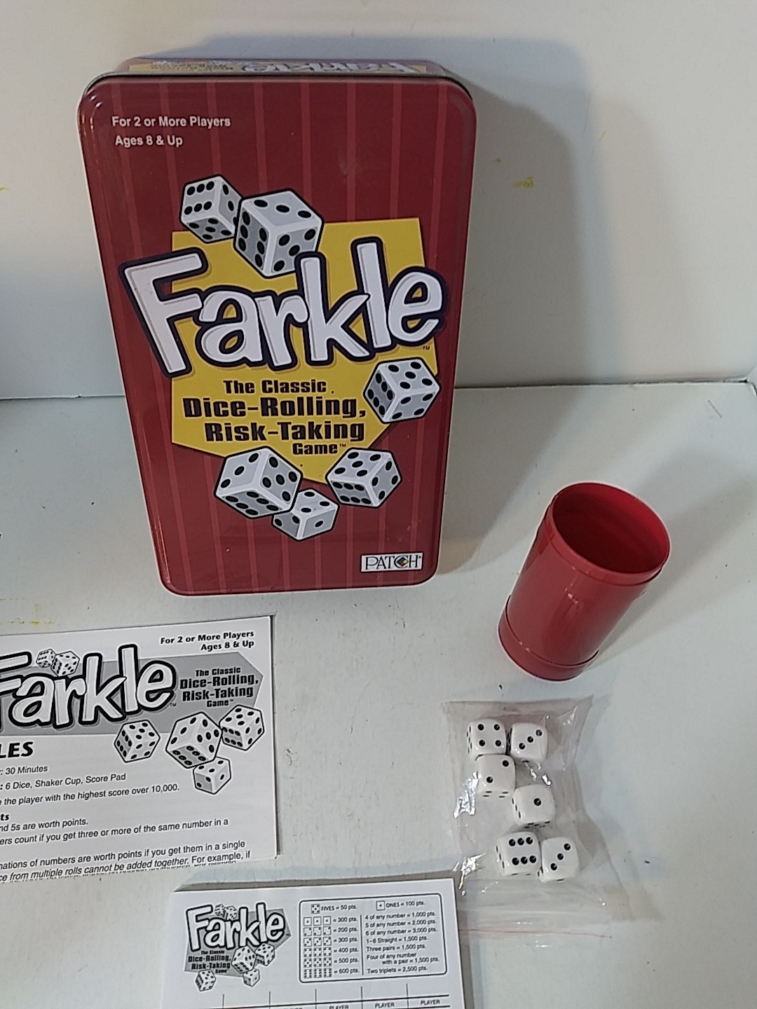 Farkle Dice Rolling Game in Metal Tin Patch Products 2011 Complete