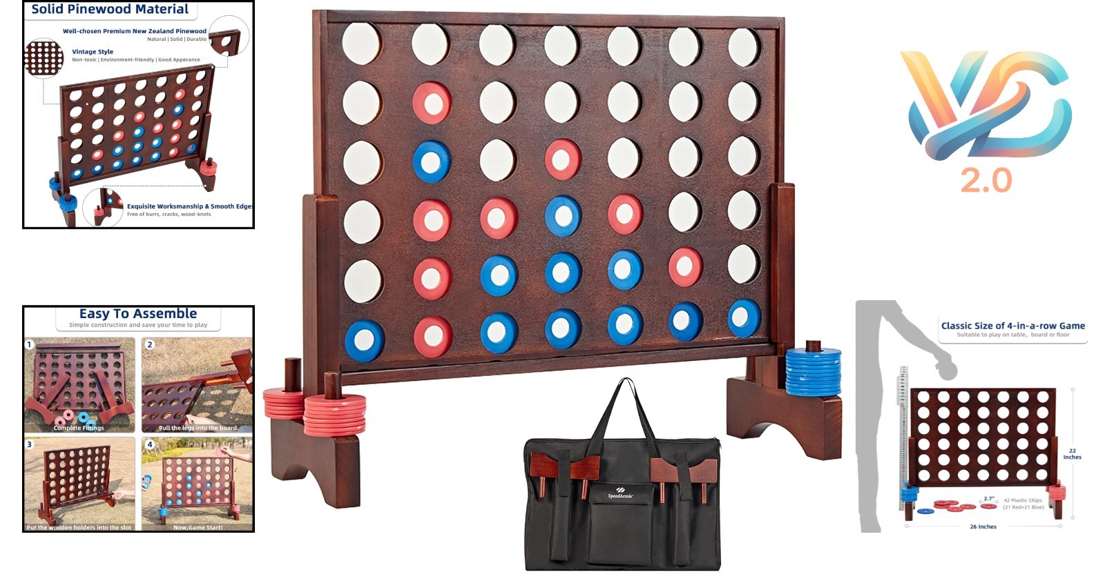 Giant Wooden Connect Four Game Indoor Outdoor Teen Kids 22×26 Inches