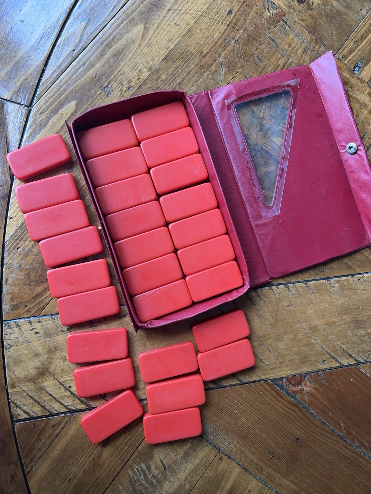 Vintage Red Double Six Dominoes Set of 28 Tile Game Complete W Vinyl Case, GUC