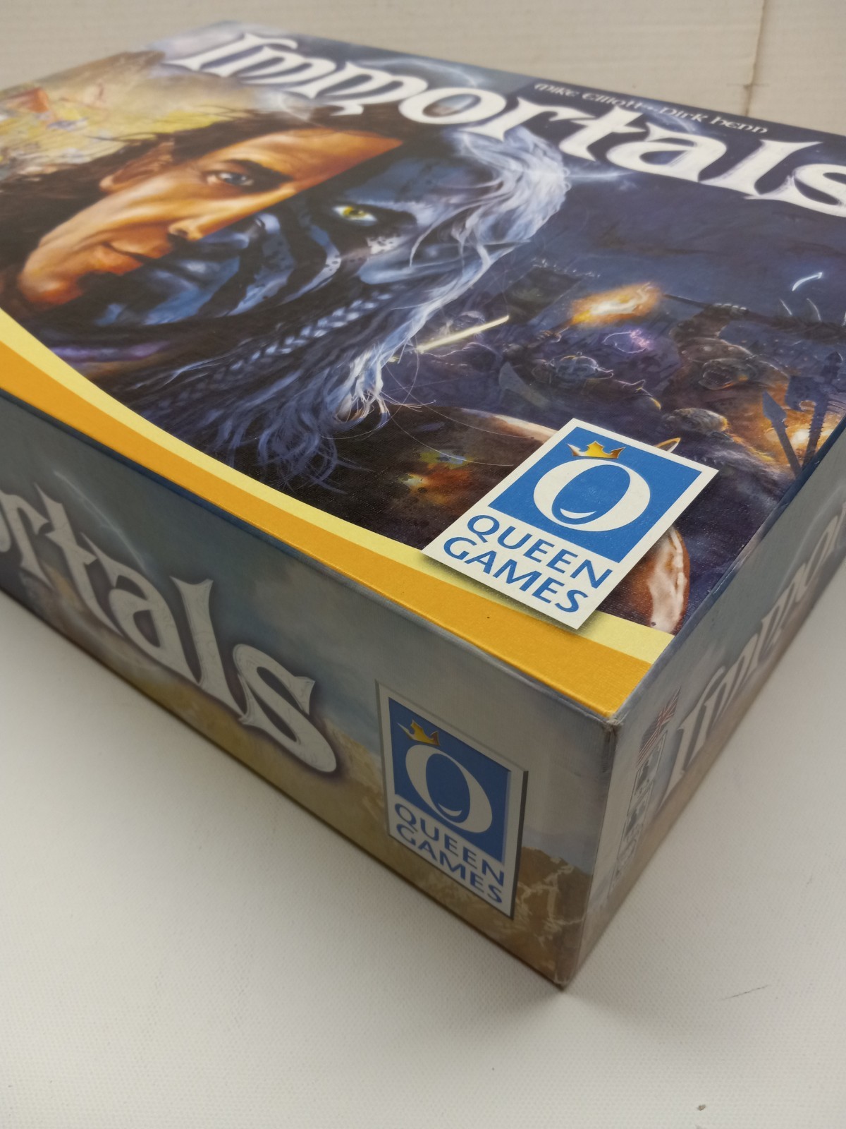 IMMORTALS Board Game Queen Games Almost Complete in Box Missing 1 Green Cube