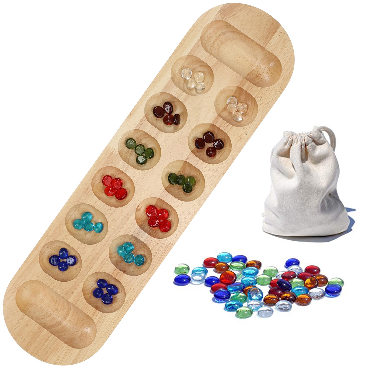 WE Games Mancala Board Game – 22 in., Solid Natural Wood Board and Glass Stones
