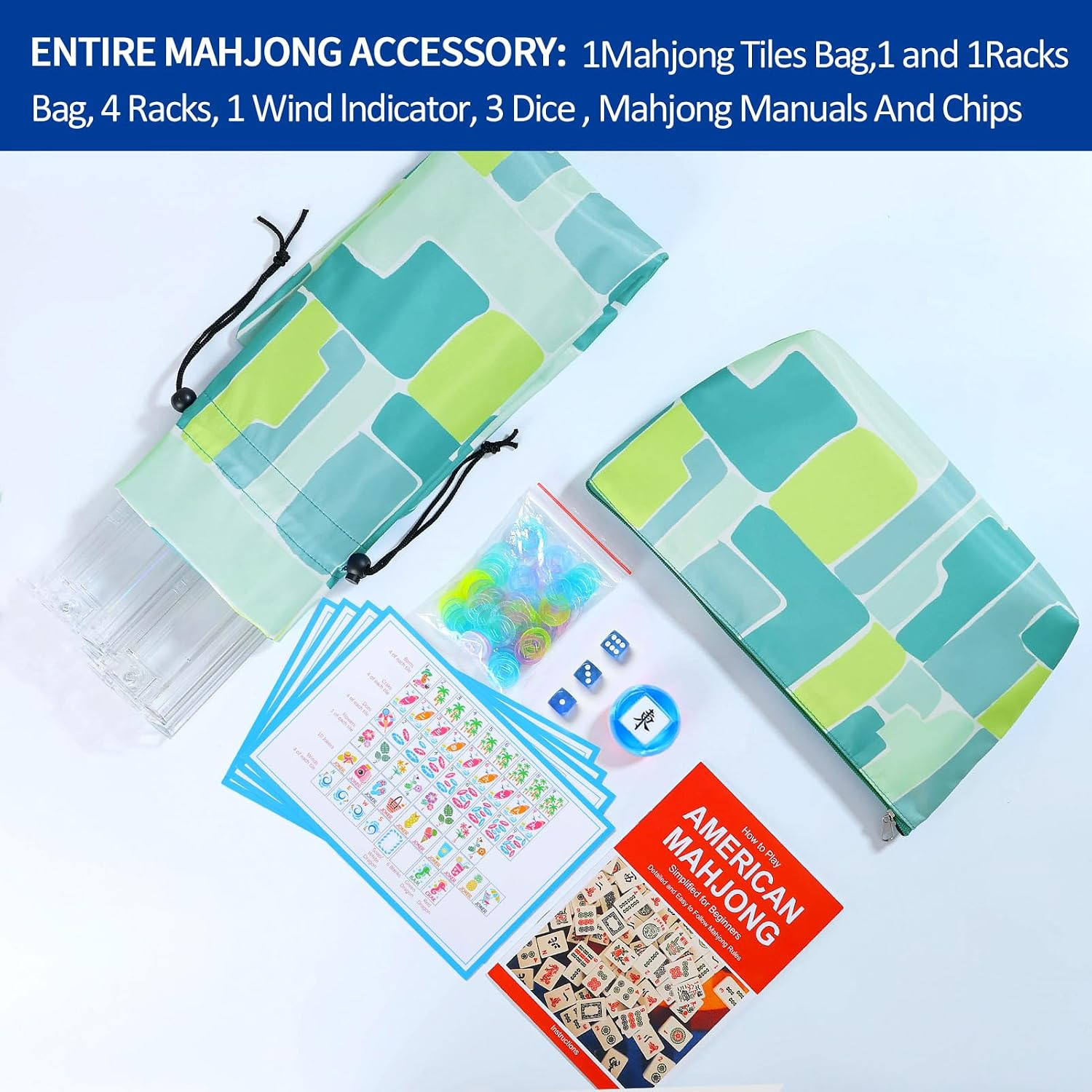 Summer American Mahjong Set: 160 Dark Blue Tiles, 4 Racks, Mahjong Bag and Acces