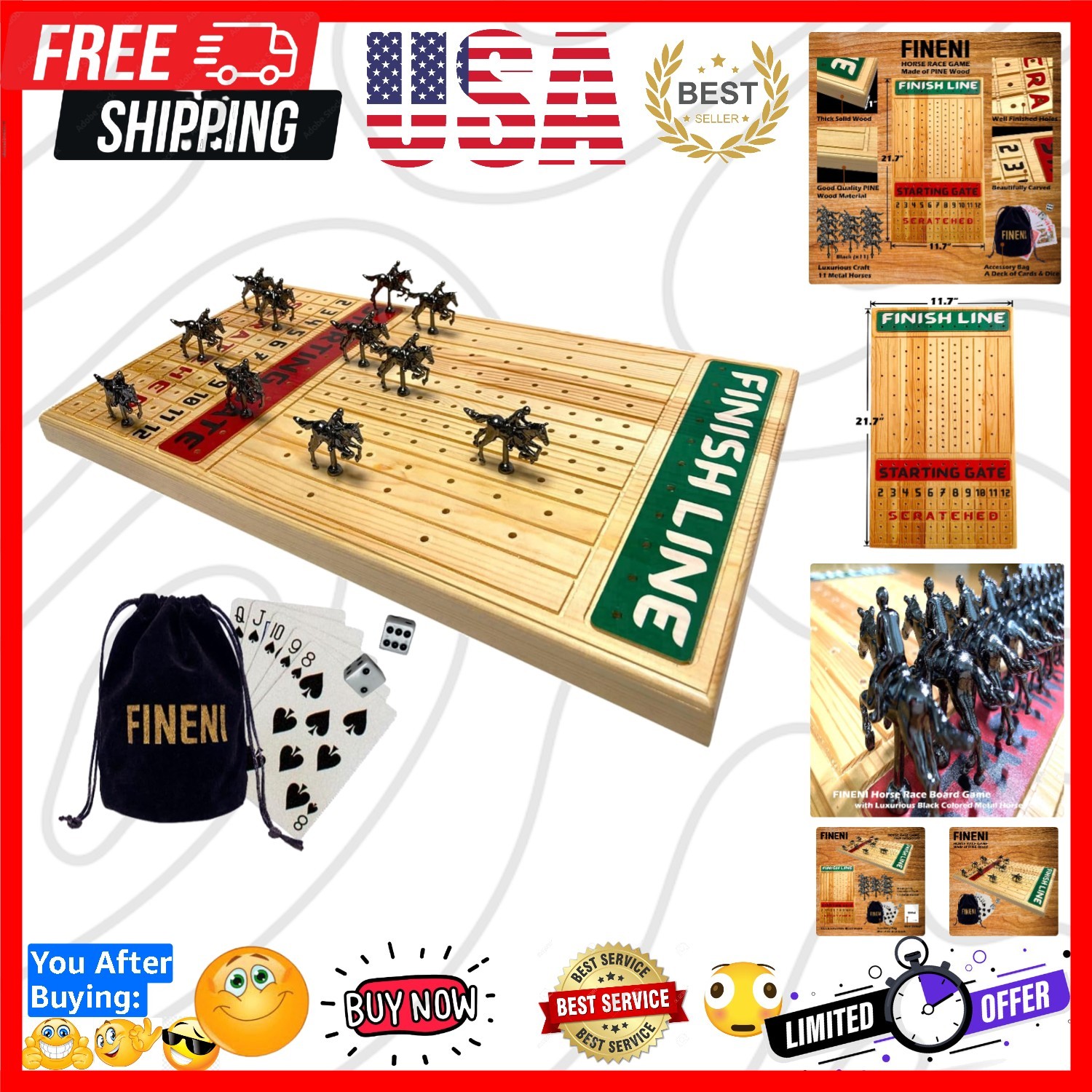Horse Racing Board Game with Luxurious Durable Metal Horses, 11 Pieces, Black…