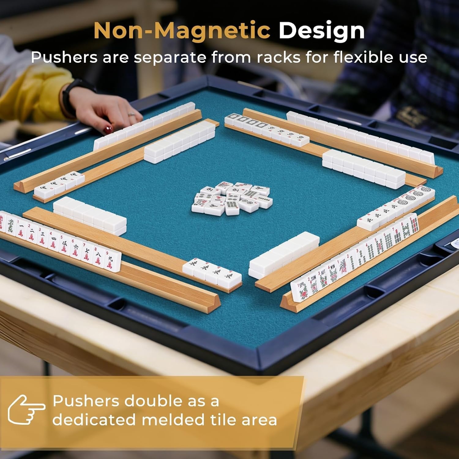 Wooden Mahjong Racks with Pushers, Set of 4, Solid Wood Tile Racks with Push Sli