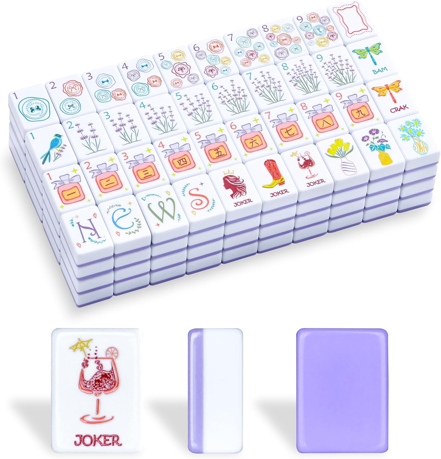 American Mahjong Tile Set, 160 Purple Engraved Melamine Mahjong Tiles with Mahjo