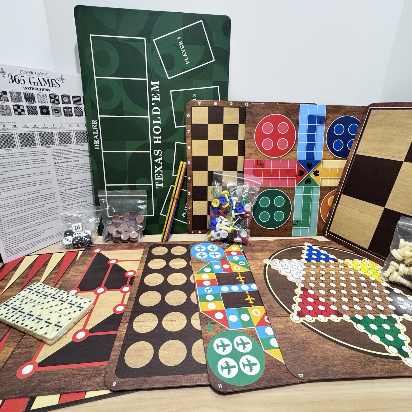 Classic Games 365 Game Set Board Games, Cards Dice, Double Sided Boards Open Box