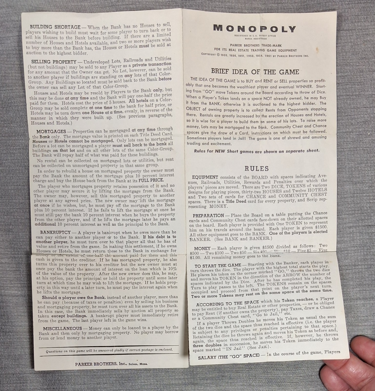 VINTAGE 1961 MONOPOLY GAME PARKER BROTHERS USA REAL ESTATE TRADING COMPLETE