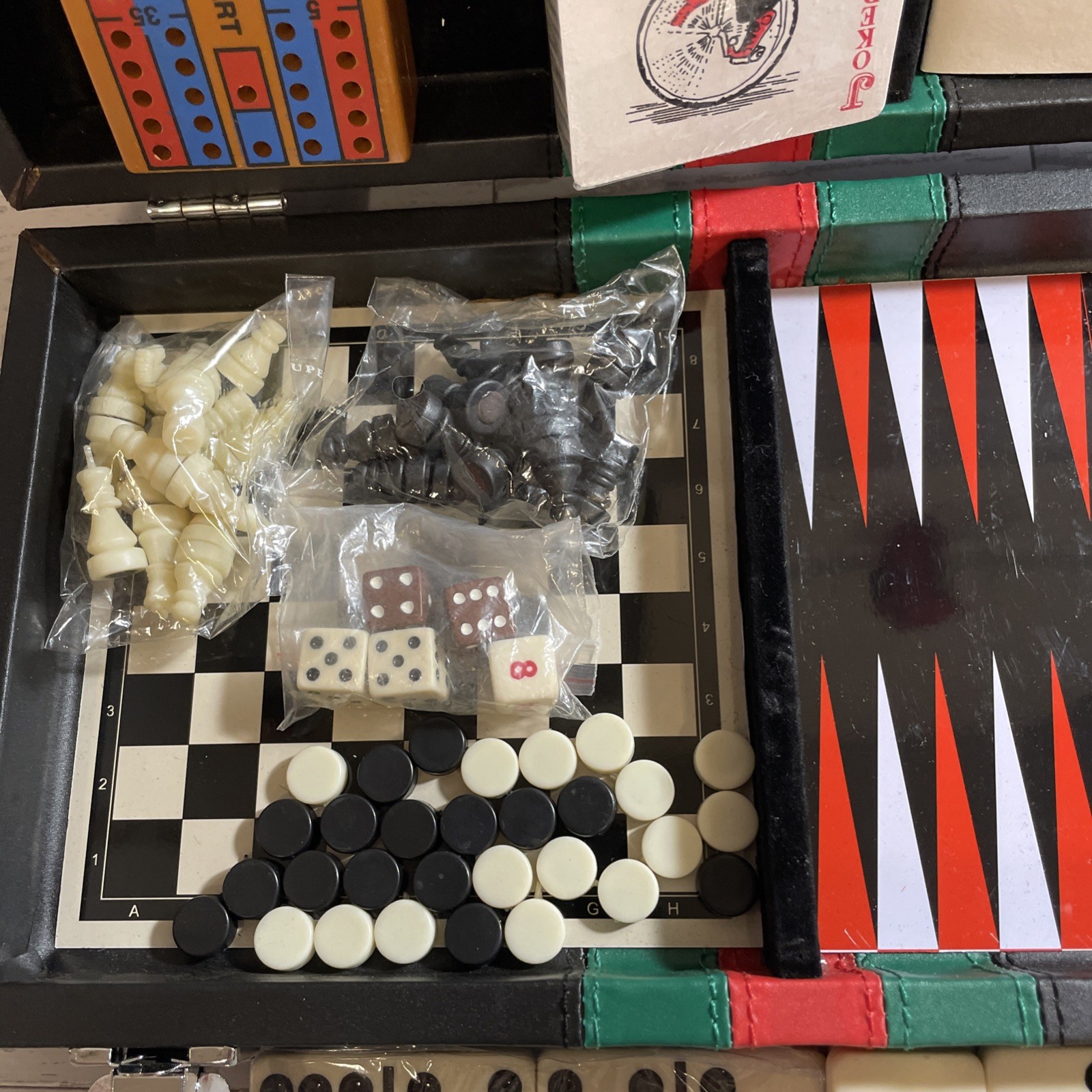 Excalibur 6 in 1 Game Black Portable Travel Case Chess Domino Cards Checkers VTG