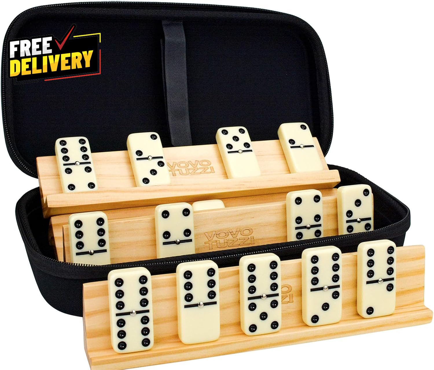 Jumbo Double 6 Dominoes Set for Adults Kids 28 Ivory Domino Tiles with 4 Wood…