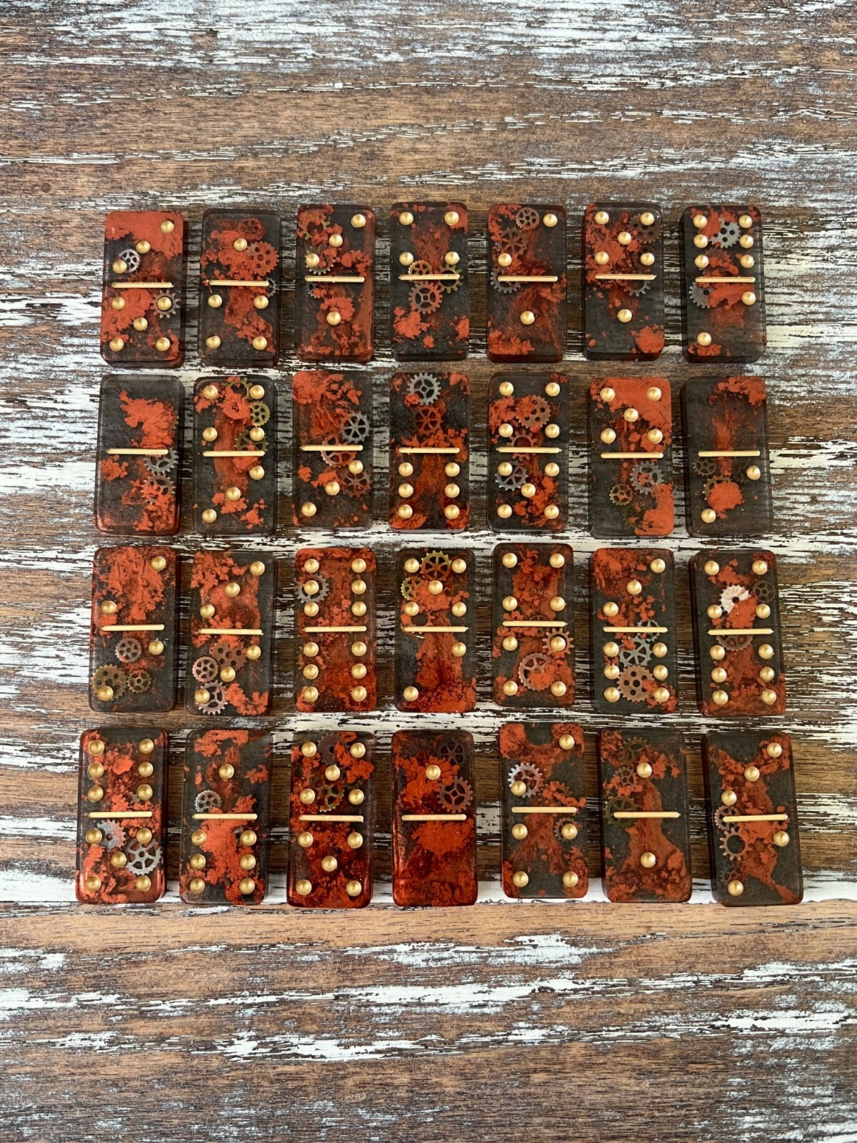 Old World Steampunk Resin Dominoes Game with Velvet Bag 28 pieces Handmade Gift