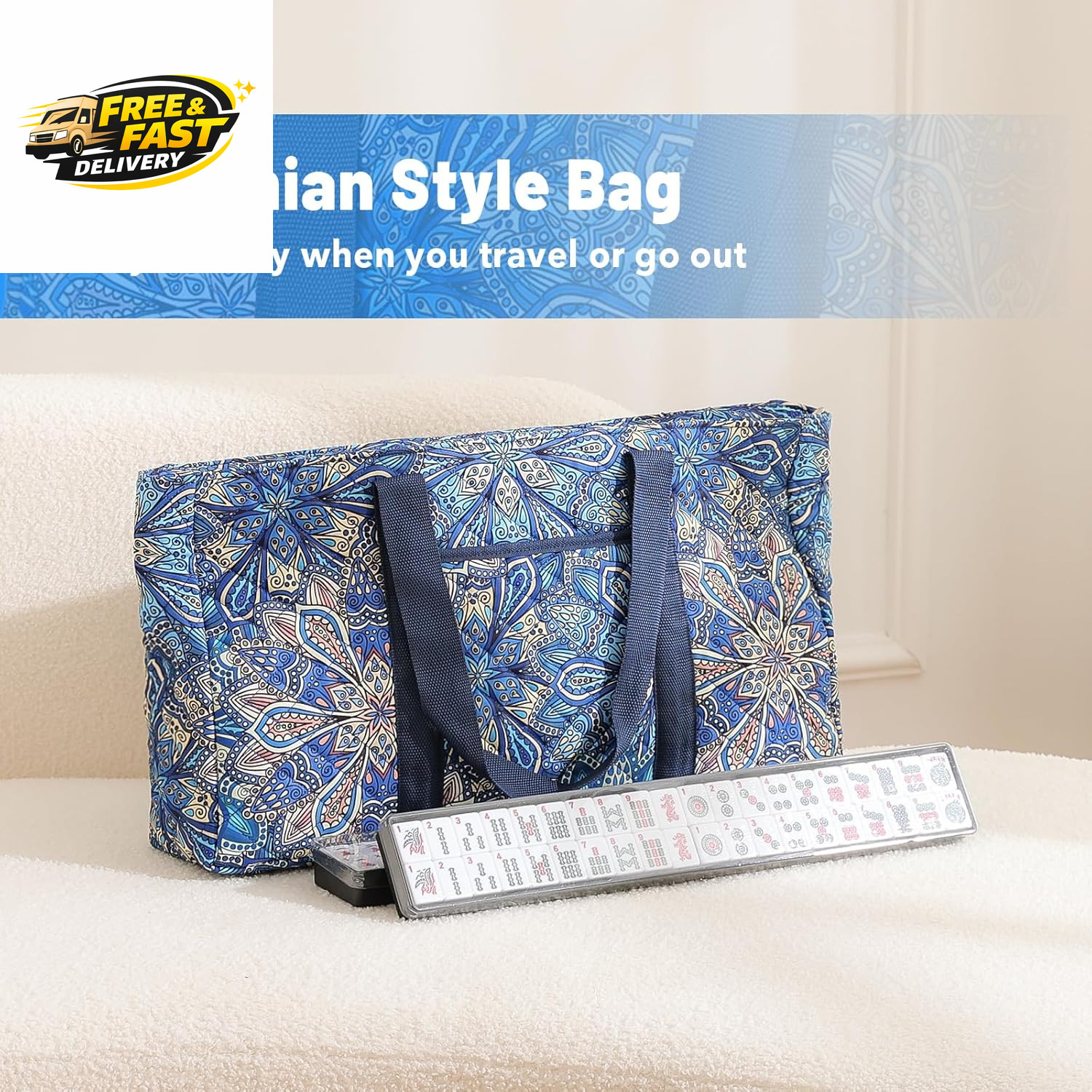 American Mahjong Tile Set with Blue Printed Carrying Bag, 166 Premium Tiles, 4 A