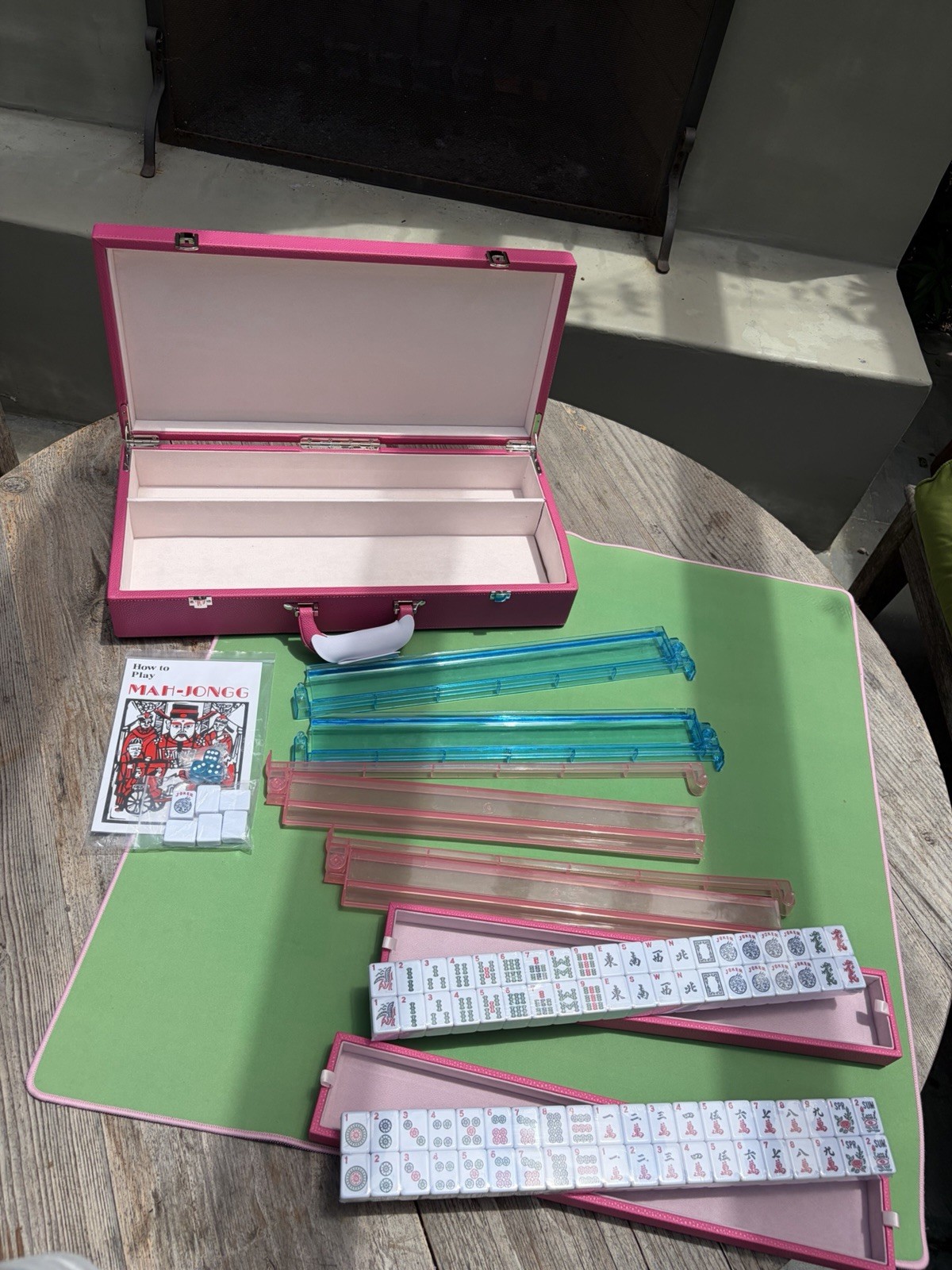 Mah Jongg Traditional Tile Game Set w/ Pink Carrying Case, Racks & Rules