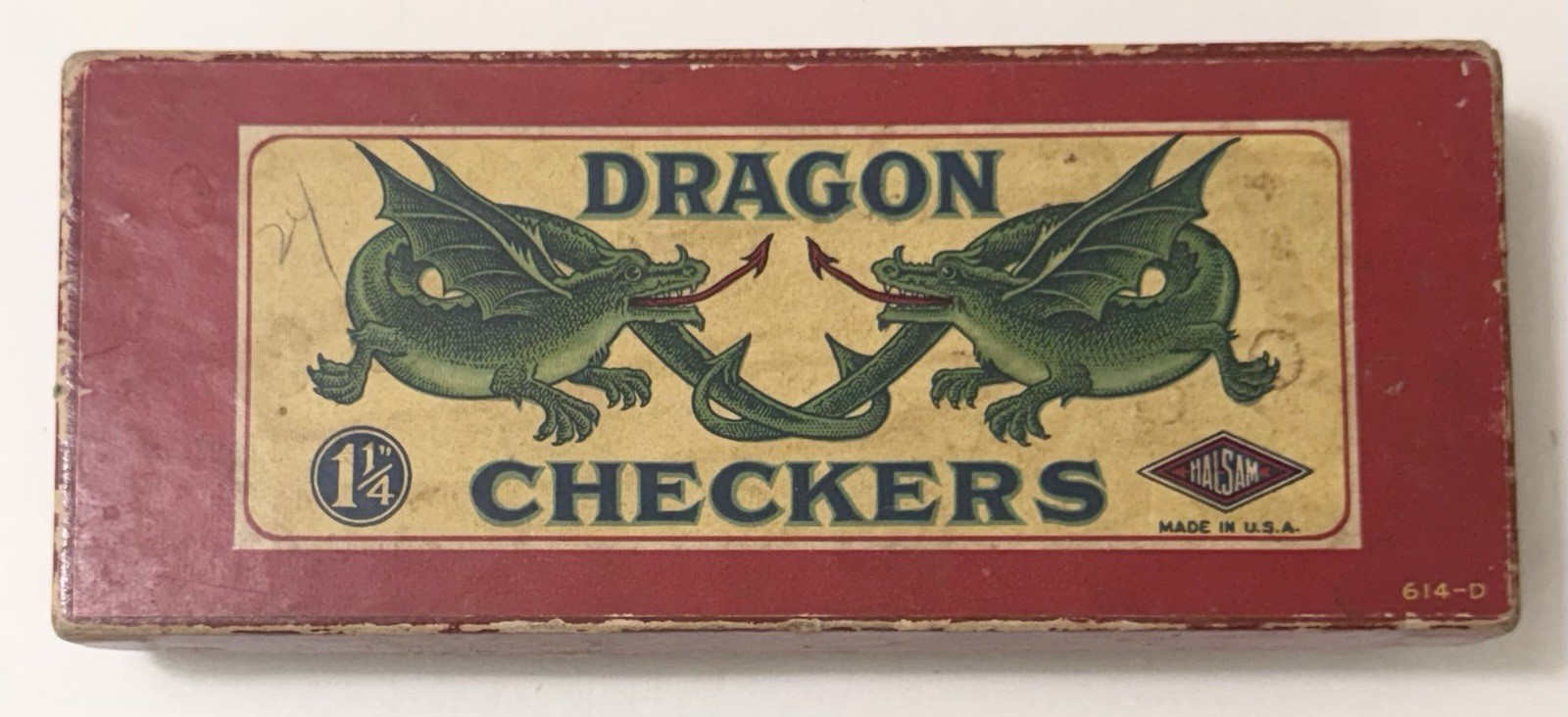 Vintage 1950s HALSAM Wooden Embossed DRAGON Checkers Set No. 614-D Original Box