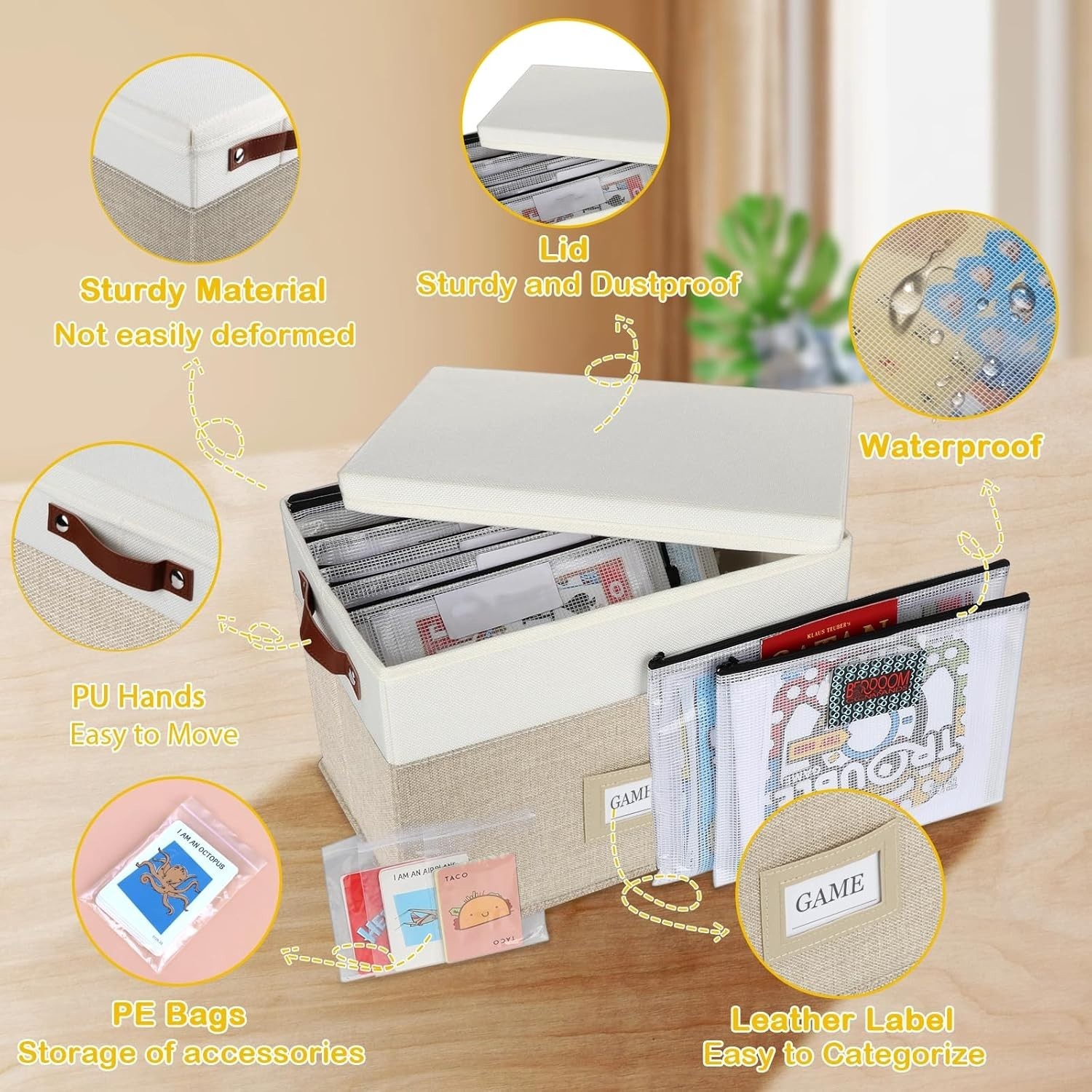 Elegant Board Game Storage with 12 Zipper Bags & Custom Stickers – Modern Design