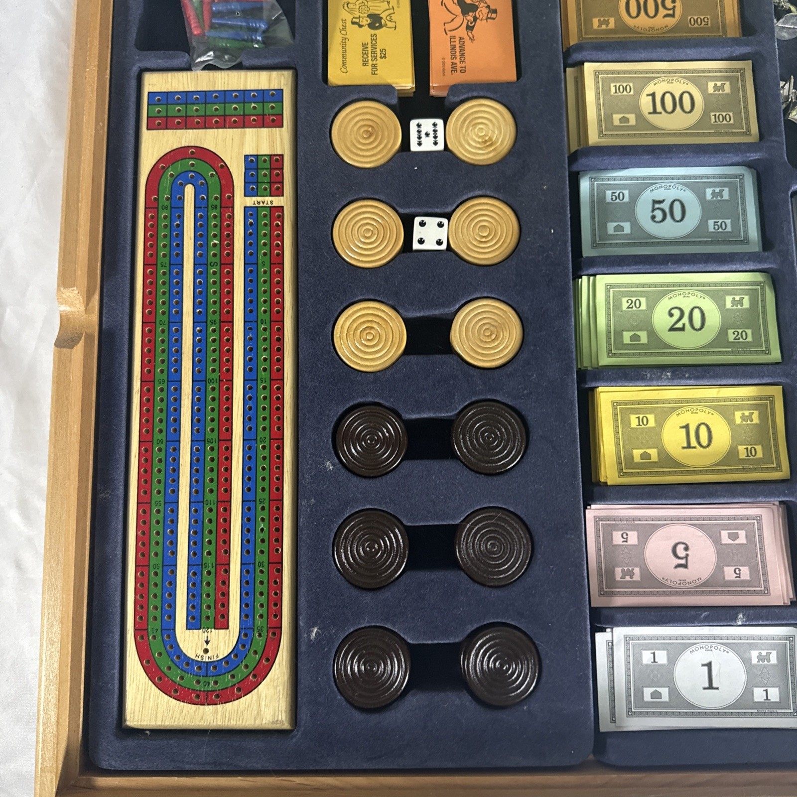 MONOPOLY SORRY Plus 6 Classic Games Tabletop Solid Wood Cabinet – Incomplete