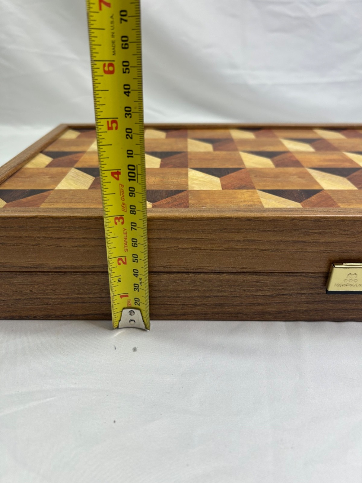 Monopoulos Wooden Backgammon Board Folding Case w/ Clasp & Game Pieces