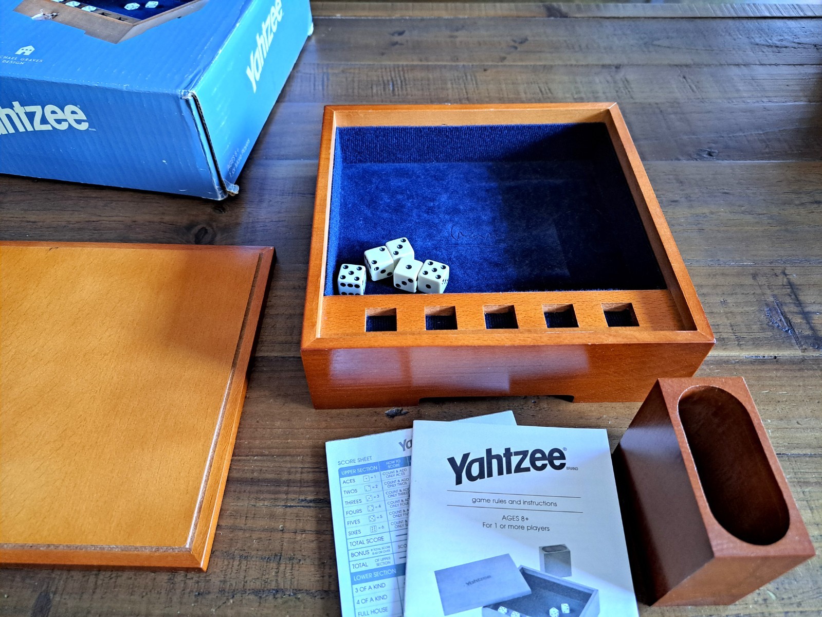 Michael Graves Design YAHTZEE Game Custom Wooden Box & Cup w/ Score Sheets